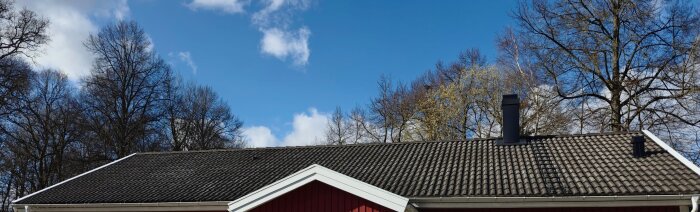 Tak till ett hus med mörka takpannor och skorsten, omgiven av träd utan löv, under en klarblå himmel.