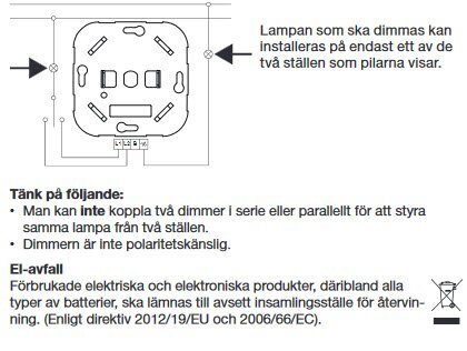 Diagram över dimmerinstallation med instruktioner om inkoppling och återvinning av el-avfall.