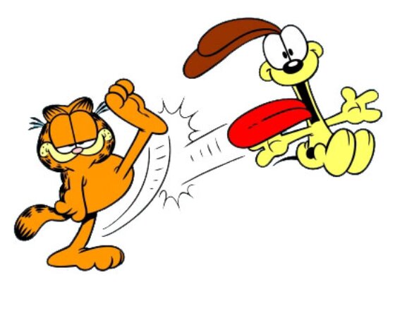 En tecknad katt sparkar en tecknad hund i baken.