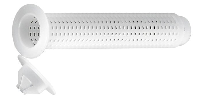 Vit perforerad plastcylinder med en avtagbar lock, för användning som filter eller sikt.