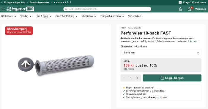 Grå perforerad hylsa för injektering med ankarmassa, erbjuds som 10-pack i Byggahus.se SHOP.