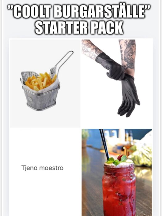 Coolt burgerställe" starter pack med metallkorg för pommes, tatuerade armar med svarta handskar, hälsningstext och röd drink i glasburk.