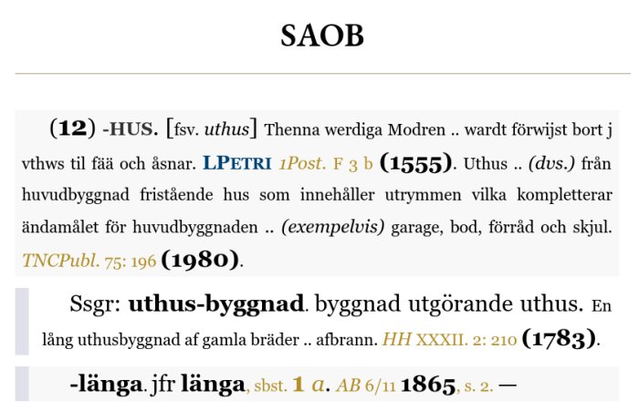 Text om ordet 'uthus' från Svenska Akademiens ordbok med historisk och språklig beskrivning av termen och dess användning.