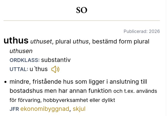 Ordboksdefinition av 'uthus', mindre fristående byggnad intill bostadshus för förvaring eller hobbyverksamhet.