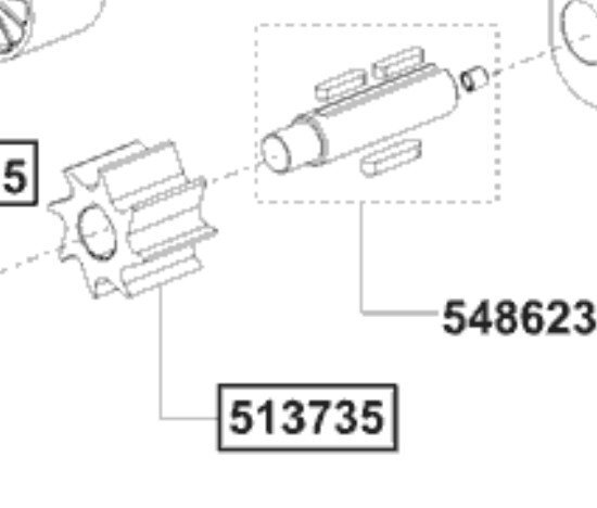 Sprängskiss med delar 513735 och 548623 markerade, inklusive en stjärnformad och en cylindrisk komponent.