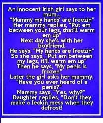 Text på bild med ett humoristiskt skämt om en flicka som pratar med sin mamma och pojkvän om kalla händer och ett missförstånd om en pojkväns frysande genitalier.