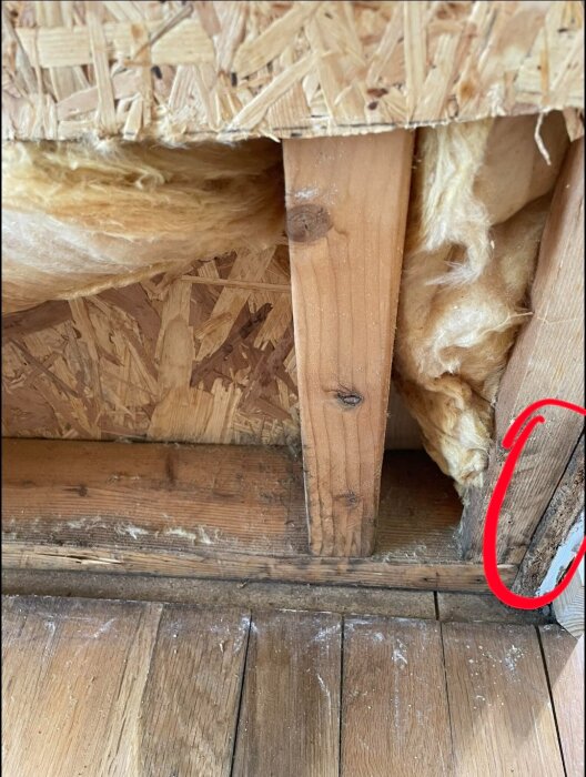 Inringad spånskiva bakom träregel, jämförs för mögel.