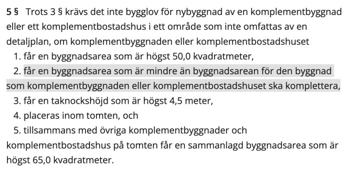 Text från bygglag om bygglov för komplementbyggnad.