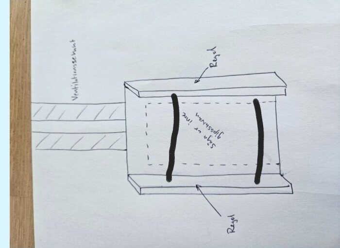 Ritning visar gipsskiva fäst med svarta linjer i reglar över ventilationsschakt; sidovy.