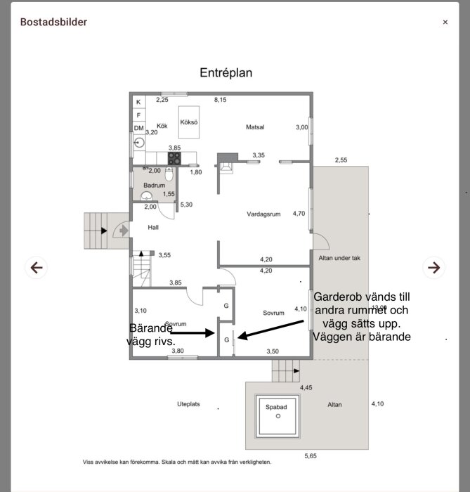 Planskiss över ett hus med markerade förändringar, inklusive flytt av en bärande vägg och omplacering av en garderob.