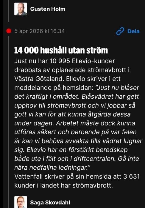 En skärmdump av ett meddelande om 14 000 hushåll utan ström i Västra Götaland på grund av blåsigt väder.