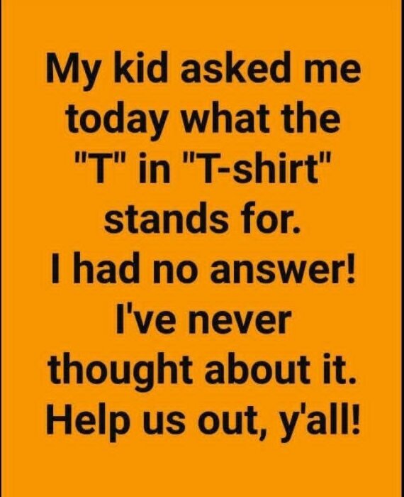 Text om att ett barn frågade vad "T" i "T-shirt" står för; förälder har inget svar och ber om hjälp.