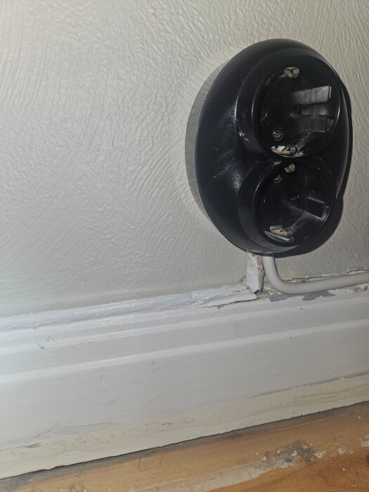 Dubbel väggkontakt monterad ovanför en vit sockel, med synlig kabel och slitet golvbräde.