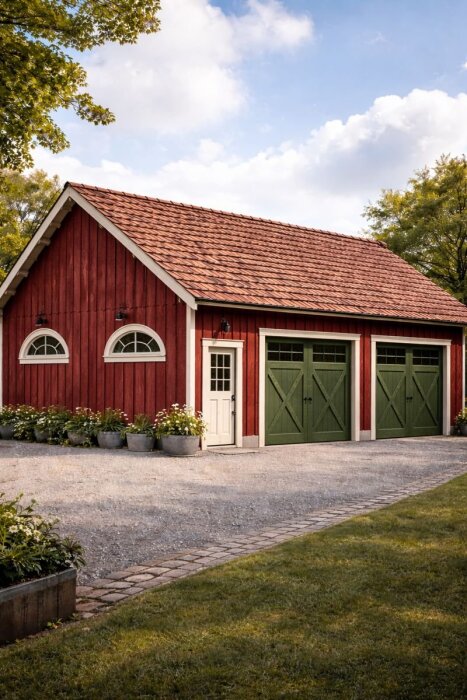 Rött trähus med gröna dörrar och vita fönster, omgiven av grönska och himmel. Blommor i krukor längs väggen.