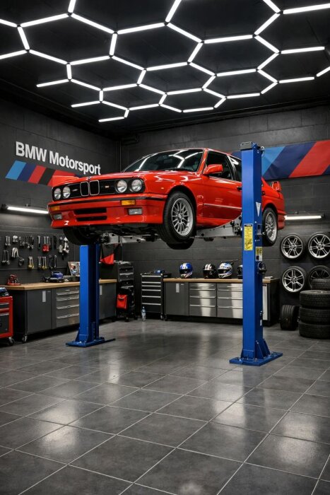 Röd bil upphissad på en billyft i ett BMW Motorsport-garage, omgiven av verktyg, däck och verkstadsinredning under modern belysning.