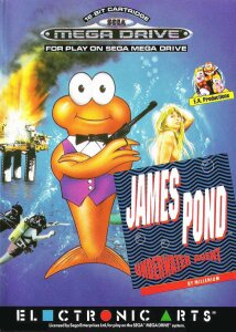 Omslag till spelet "James Pond: Underwater Agent" för Sega Mega Drive, med en animerad fiskfigur i kostym och olika actionmotiv i bakgrunden.