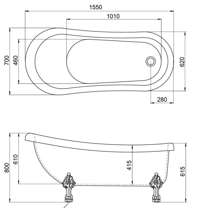 Måttskiss av Hafa Newport badkar med dimensioner och placering av utlopp och fötter. Top-down och sidovy för installationsplanering.