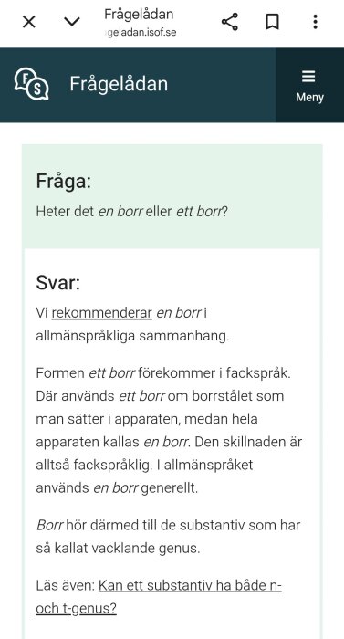 Skärmdump av en språkrådsdiskussion om användningen av "en borr" och "ett borr" i svenska språket, med fackspråksexempel.