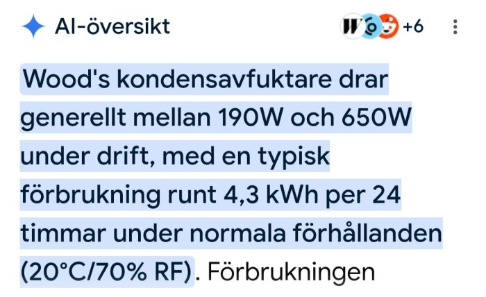 Woods kondensavfuktare drar 190W-650W, typisk förbrukning 4,3 kWh per dygn vid 20°C/70% RF.