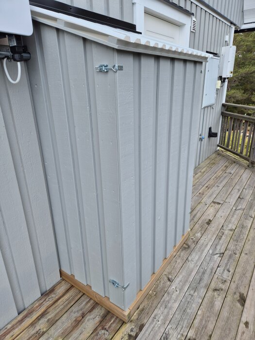 Grå batterilåda med gångjärnstak och excenterkrokar på verandan, intill ett hus med fasad i matchande träpanel.