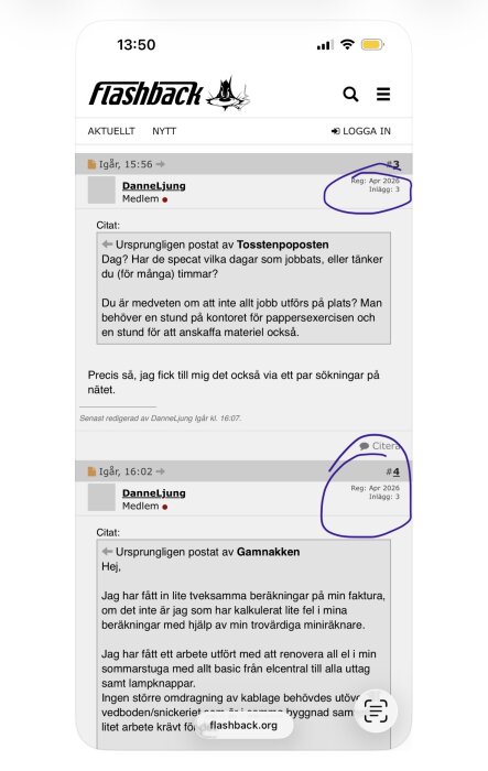 Skärmdump från ett Flashback-foruminlägg av användaren DanneLjung med diskussion om arbetsdag och kostnadsberäkning.