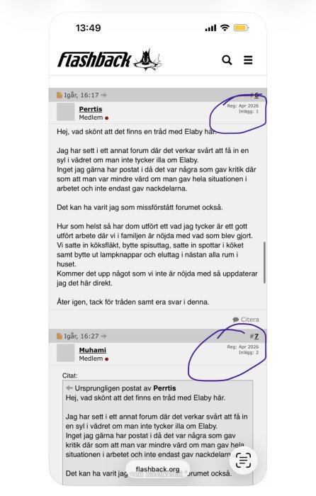 Skärmbild av Flashback-forumet där två användare, som registrerats i april 2026, diskuterar byggföretaget Elaby.