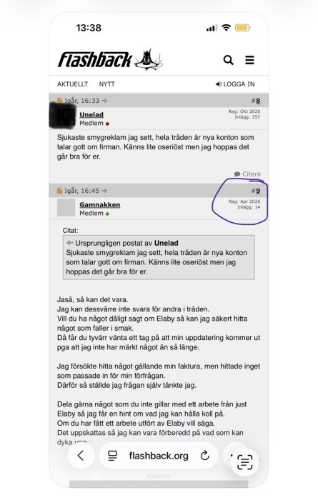 Diskussionsforum på Flashback med inlägg om smygreklam och flera nya användare som diskuterar Elabys verksamhet.
