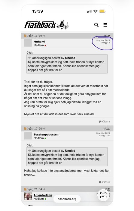 Skärmdump från Flashback-forum med inlägg som diskuterar misstänkt smygreklam där nya konton lovordar en firma.