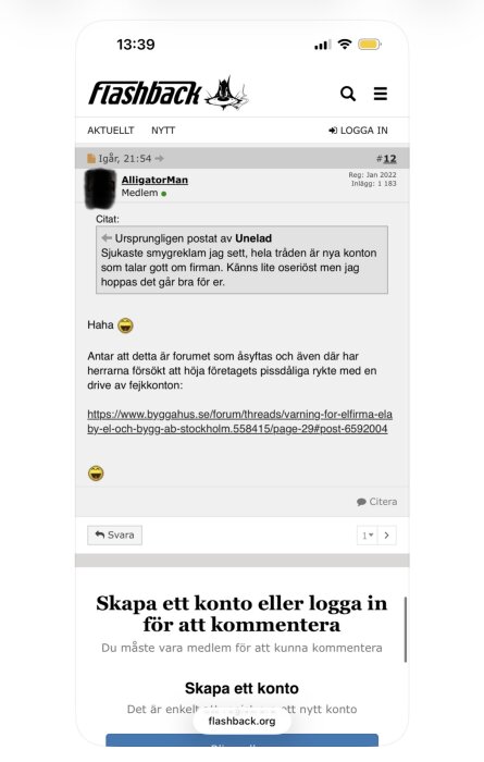 Skärmbild av en diskussionstråd på Flashback där användaren AlligatorMan kommenterar påstådd smygreklam och länkar till en annan tråd.