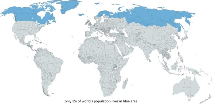 Karta som markerar norra områden i blått där endast 1% av världens befolkning bor, enligt texten.