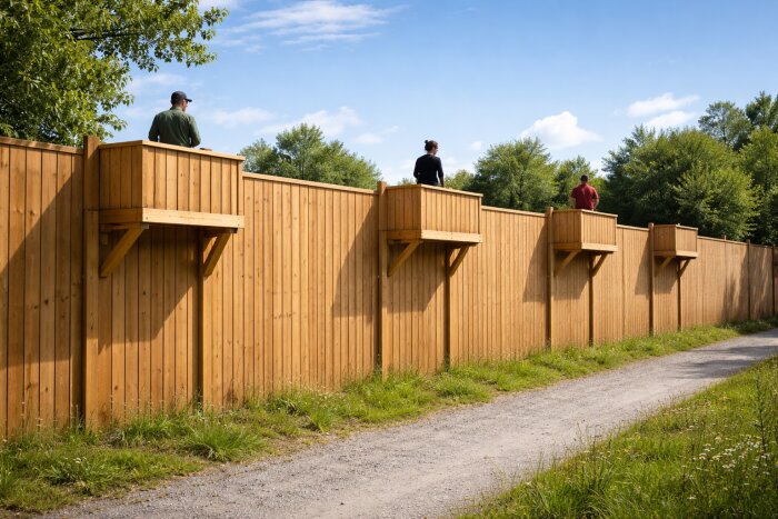 Högt staket i trä med tre utkikspostplatser, där personer står och tittar mot andra sidan. Grusväg löper längs staketet omgiven av grönska.