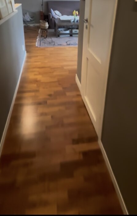 Träparkettgolv av rödbrunt trä i en hall med grå väggar och insyn i ett vardagsrum.