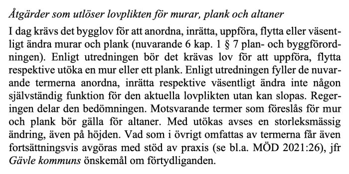 Text om bygglovskrav vid åtgärder kring murar, plank och altaner enligt PBL.