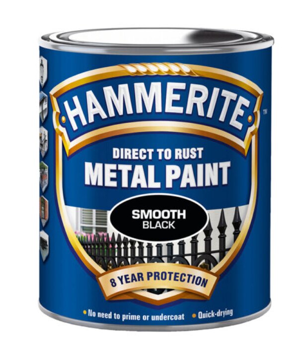 Burk med Hammerite metallfärg, svart och slät. För metallmålning direkt på rost, med åtta års skydd. Snabbtorkande och ingen grundning behövs.