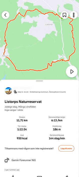 Karta över löprunda i Listorps naturreservat, 11,71 km med en höjdstigning på 186 m, tidsåtgång 1:12:54 och med en genomsnittspuls på 144 slag/min.