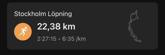 Löpningsresultat Stockholm: 22,38 km på 2:27:15 med en snitthastighet av 6:35 per km, inkluderar löprunda-karta.