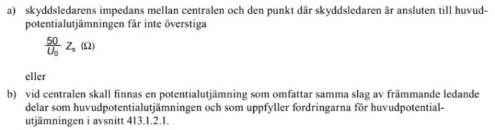 Utdrag ur en teknisk dokumentation för skydds- eller potentialutjämning, som diskuterar ledarens impedans och krav vid en central.