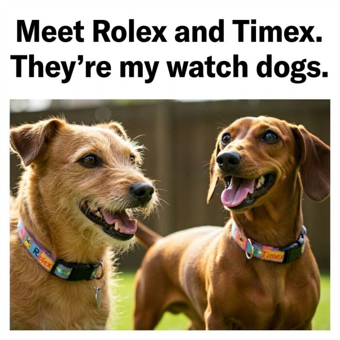 Två hundar med halsband som heter "Rolex" och "Timex" står glada i en trädgård. Rubriken skämtar om dem som "watch dogs".