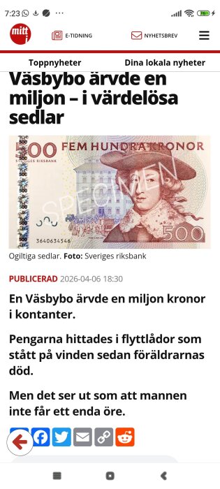 Ogiltigt 500-kronorssedel med text "SPECIMEN" på framsidan, kopplad till en artikel om ärvda värdelösa pengar.