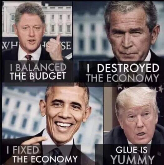 Fyra personer i ett collage med text nedanför: "I balanced the budget", "I destroyed the economy", "I fixed the economy" och "Glue is yummy".