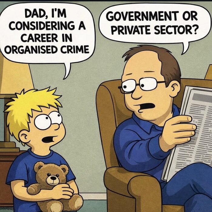 Tecknad bild av ett barn med en nalle som pratar med sin pappa som håller en tidning. Textbubblor visar en humoristisk dialog om organiserad brottslighet.