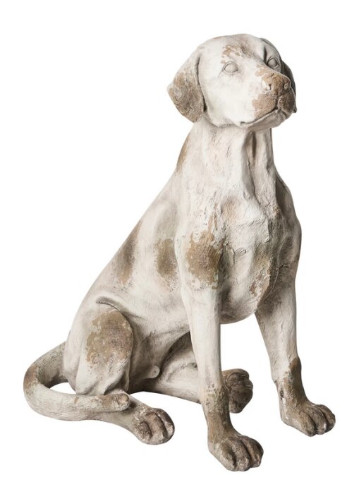 Stor staty av sittande hund med en antik finish.