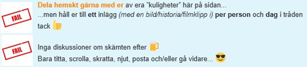 Text med instruktioner för att dela humoristiska inlägg, med röd "FAIL"-stämpel som dekoration.