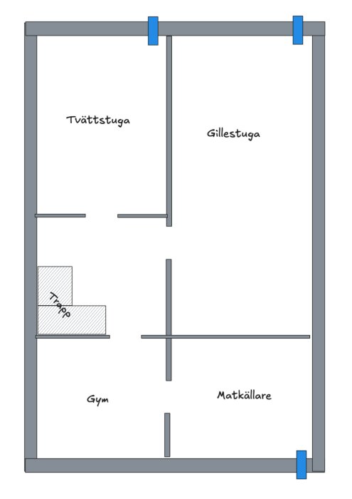 Planlösning av källare med gym, tvättstuga, gillestuga och matkällare samt tre markerade ventilationshål.