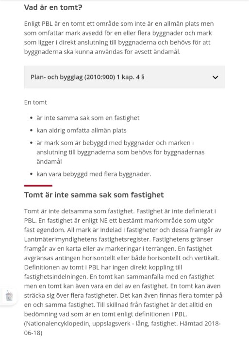 Skärmdump av en webbsida som förklarar skillnaden mellan tomt och fastighet enligt plan- och bygglagen, med punktlista och understrukna rubriker.