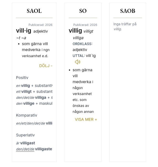 Tre kolumner med definitioner av ordet "villig" från SAOL och SO, samt tomt resultat i SAOB.
