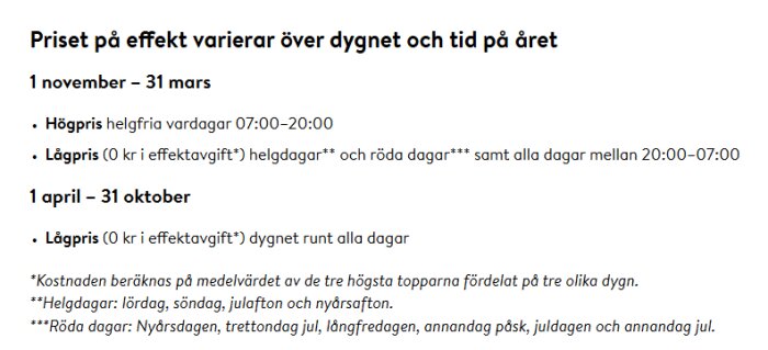 Tabell över elnätspriser: 1 nov-31 mar högpris vardagar 07-20, lågpris på övriga tider; 1 apr-31 okt lågpris alla tider. Ingen effektavgift under lågpristid.