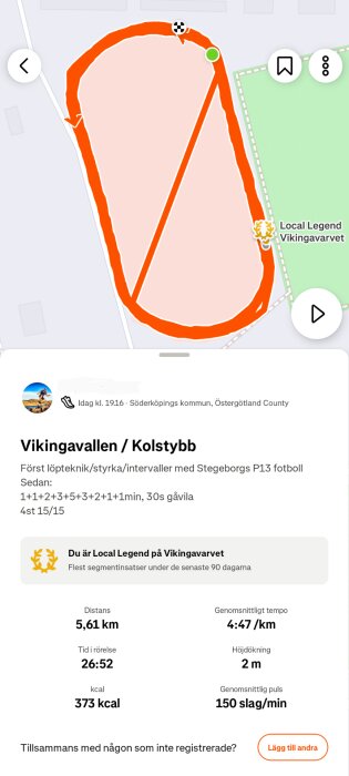 Karta över en löprunda på Vikingavallen, med markerad rutt och statistik som distans, tempo och kaloriförbrukning.