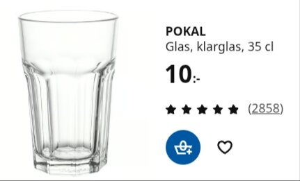 Klarglas, 35 cl, märkt "POKAL" för 10 kr med femstjärnigt betyg från 2858 recensioner.