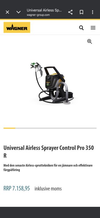 Wagner Universal Airless Sprayer Control Pro 350 R med slang, handtag, och sprutpistol visas, med pris 7.158,95 kronor inklusive moms.